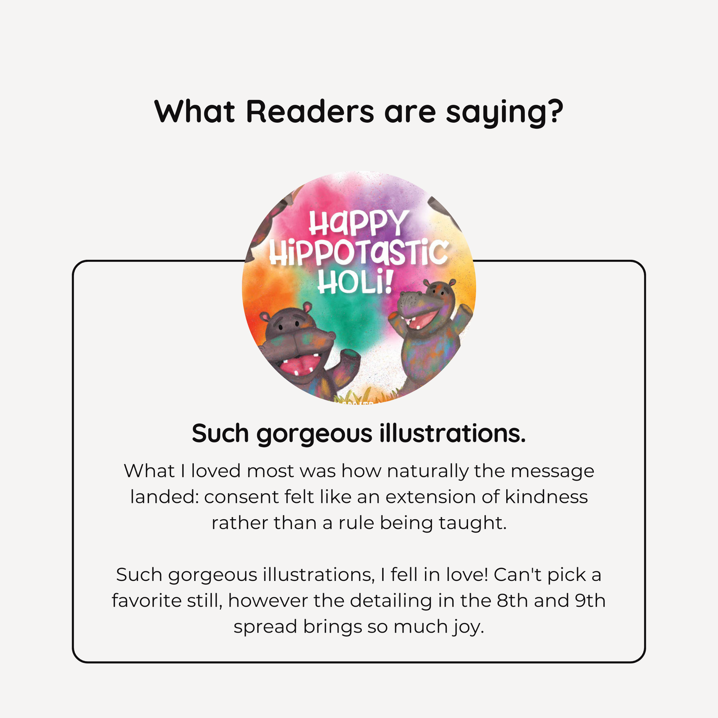 Colorful illustration of hippopotamuses with 'Happy Hippotastic Holi!' text on a white background.