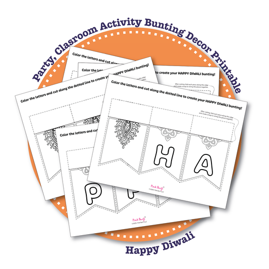 Preview of printable 'Happy Diwali' bunting craft pages for kids to color and assemble, perfect for festive DIY decorations and family bonding.
