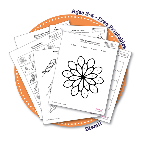 Preview of Diwali-themed worksheets for toddlers aged 3–4, featuring diya decorating, tracing, color-by-number rangoli, shadow matching, and counting diyas.