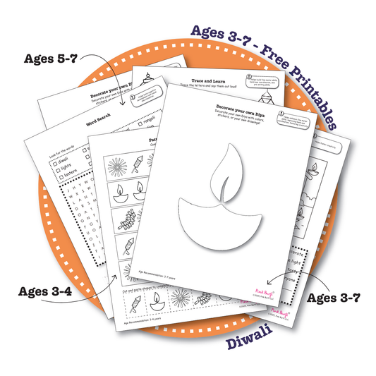 Diwali printable worksheet bundle for kids ages 3–7 with age-specific activities like tracing, rangoli coloring, word search, and festive writing prompts.