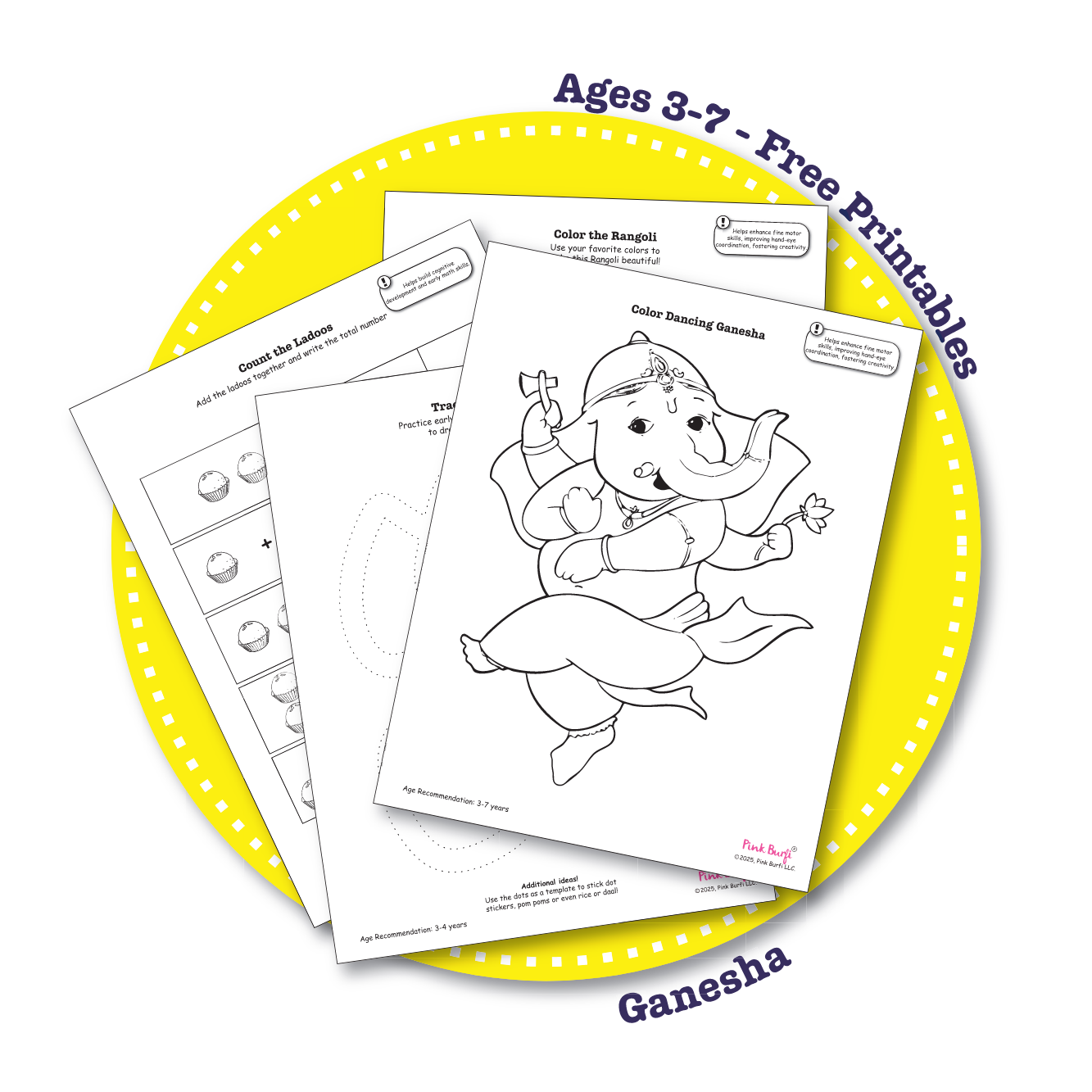 Sample pages from Ganesha printable activity pack for kids aged 3–7, including coloring pages, early math worksheet and make your activity with ganesh outline.