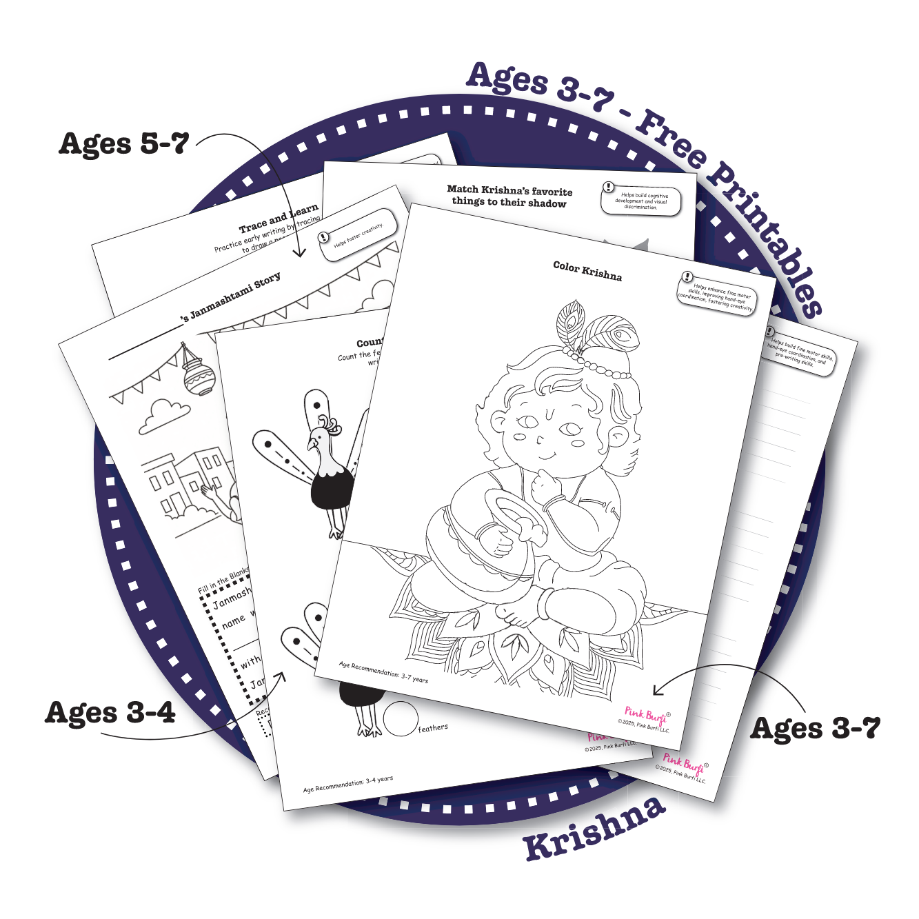 Krishna-themed Janmashtami activity bundle preview for kids ages 3–7 with age-appropriate cultural worksheets for early learning.