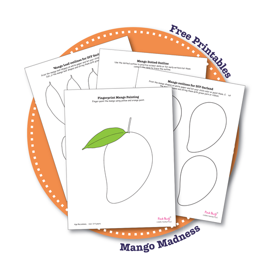 Cover image showing printable mango arts and craft templates, including various mango shapes and leaf cutouts displayed on a background with various crafting tools, designed for kids' summer and cultural crafts.