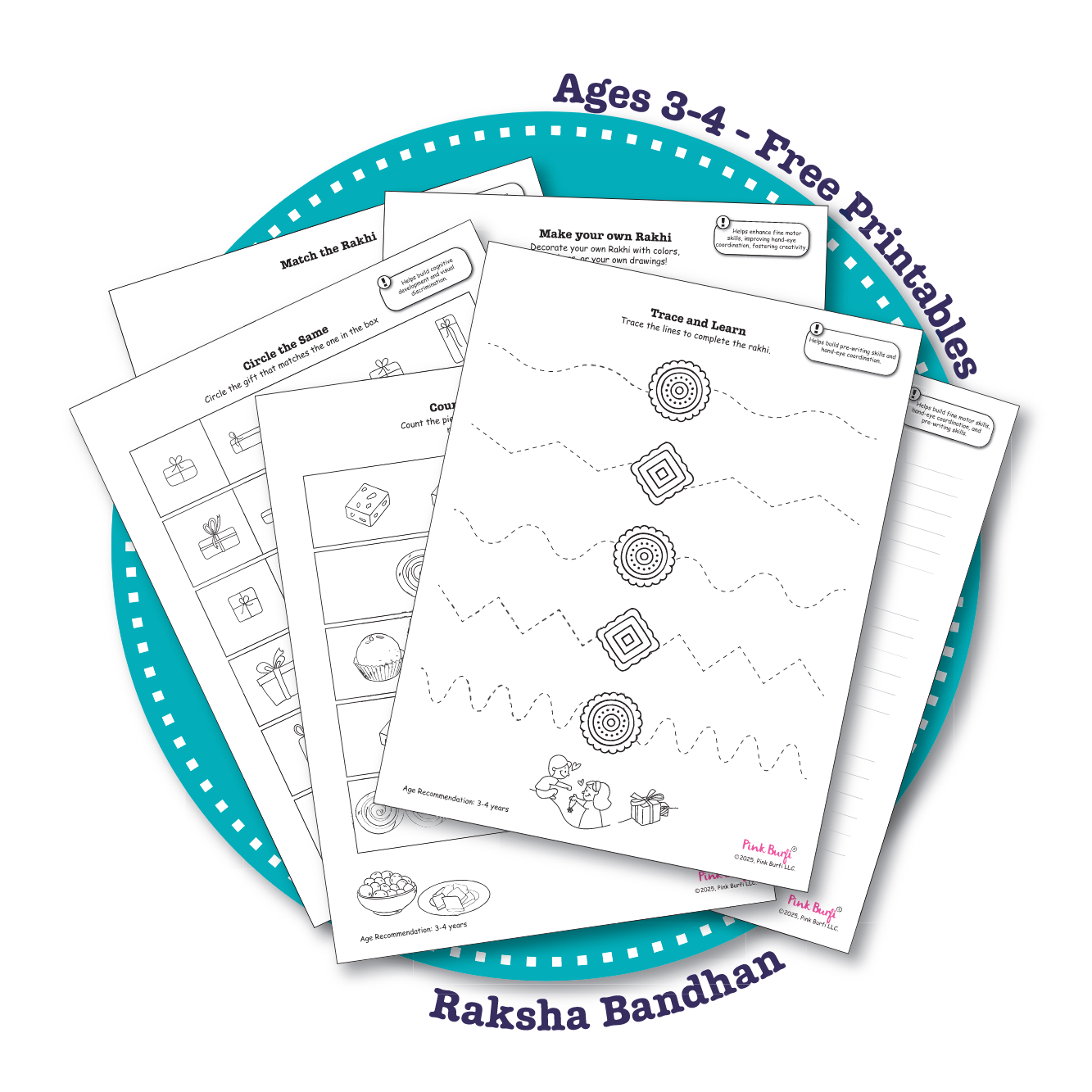 Free Raksha Bandhan printable activity pack for toddlers ages 3–4 – includes tracing, matching, and rakhi-themed fun by Pink Burfi