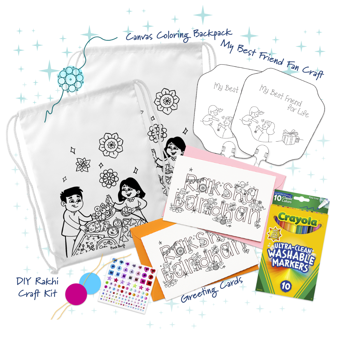Raksha Bandhan kids craft kit with drawstring coloring bags, DIY fans, greeting cards, stickers, and washable markers by Pink Burfi