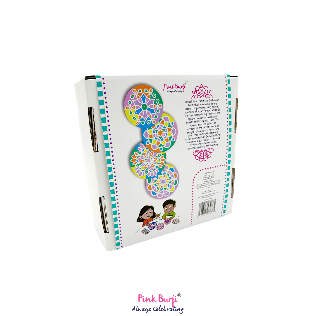 Product packaging with colorful designs and text on a white background of the Pink Burfi Resist Art Canvas Rangoli Box.