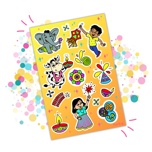 Bright and colorful Diwali-themed sticker sheet featuring Indian children, festive icons like diyas, lanterns, sweets, rangoli, elephant, cow, fireworks, and sparklers.