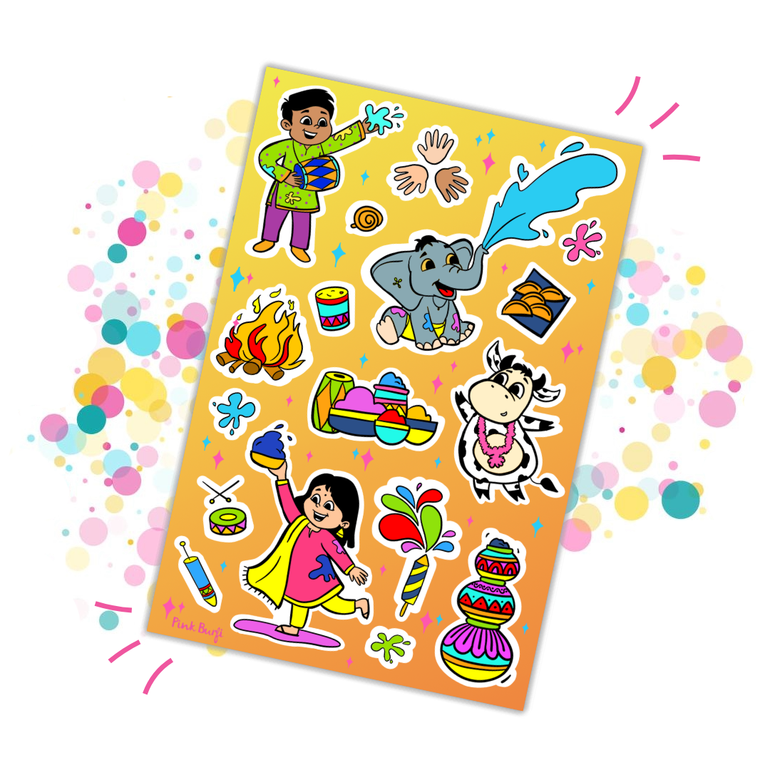 Colorful Holi-themed sticker sheet featuring children playing with pichkaris, buckets of color, sweets, flowers, and festive splash designs