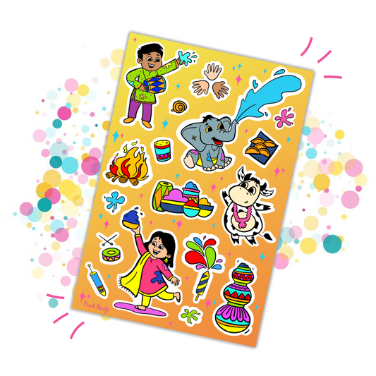 Colorful Holi-themed sticker sheet featuring children playing with pichkaris, buckets of color, sweets, flowers, and festive splash designs