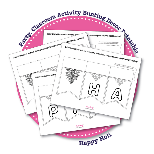 Preview of printable 'Happy Holi' bunting coloring pages for kids to create festive DIY decorations for Holi parties, classrooms, or family fun.