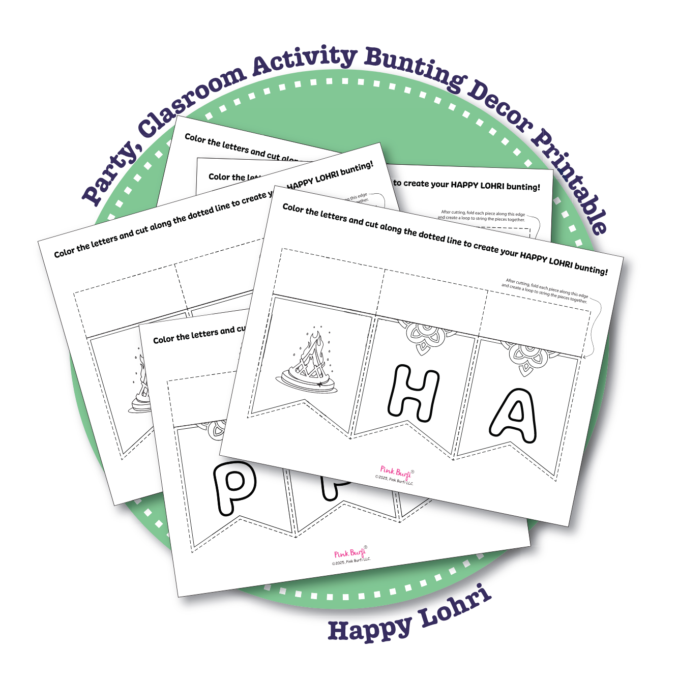 Printable 'Happy Lohri' coloring bunting for kids to create DIY festive garlands—perfect for Lohri decor, classroom activities, and family celebrations.