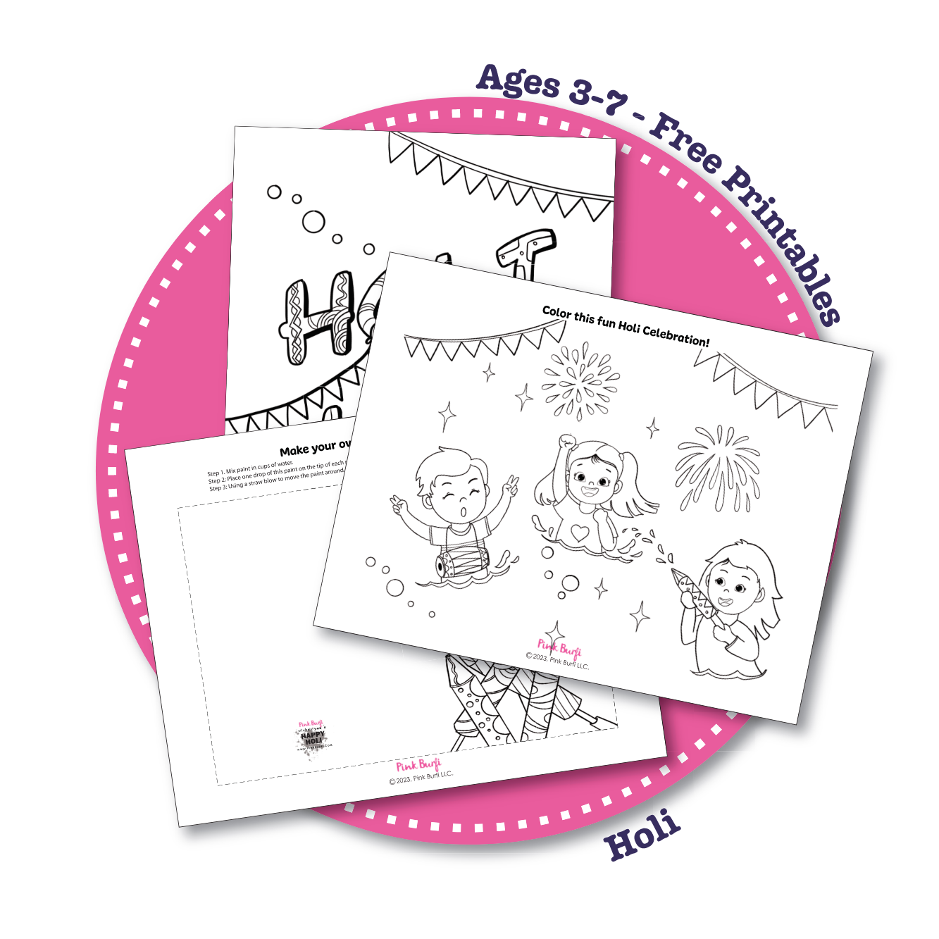 Sample pages from Holi printable activity pack for kids aged 3–7, including coloring pages, and make your own greeting card.