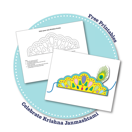 Free Krishna Janmashtami crown printable PDF for kids – create and decorate a colorful crown with a peacock feather to celebrate the festival.