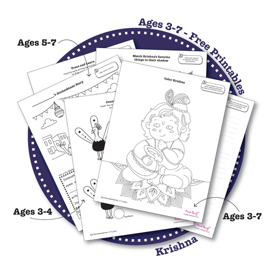 Krishna-themed Janmashtami activity bundle preview for kids ages 3–7 with age-appropriate cultural worksheets for early learning.