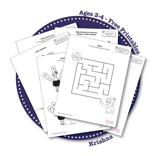 Sample pages from Krishna-themed Janmashtami worksheets for toddlers aged 3–4, featuring tracing, coloring, counting, and maze activities.