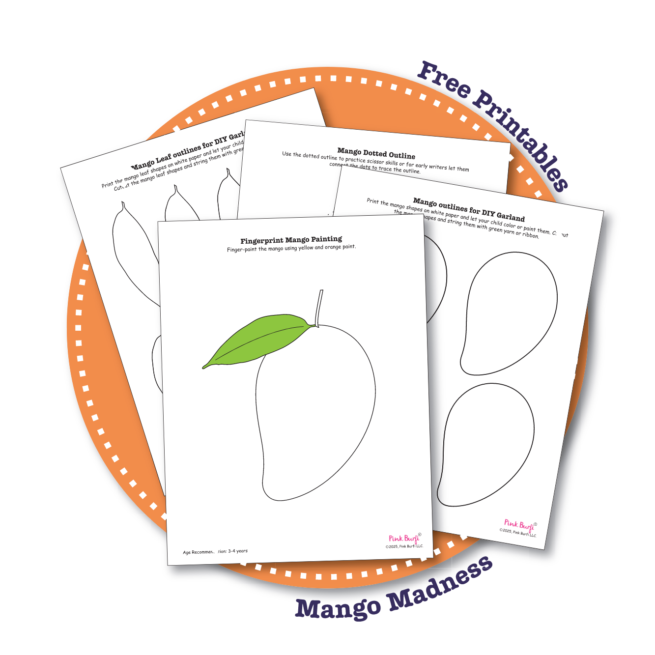 Cover image showing printable mango arts and craft templates, including various mango shapes and leaf cutouts displayed on a background with various crafting tools, designed for kids' summer and cultural crafts.