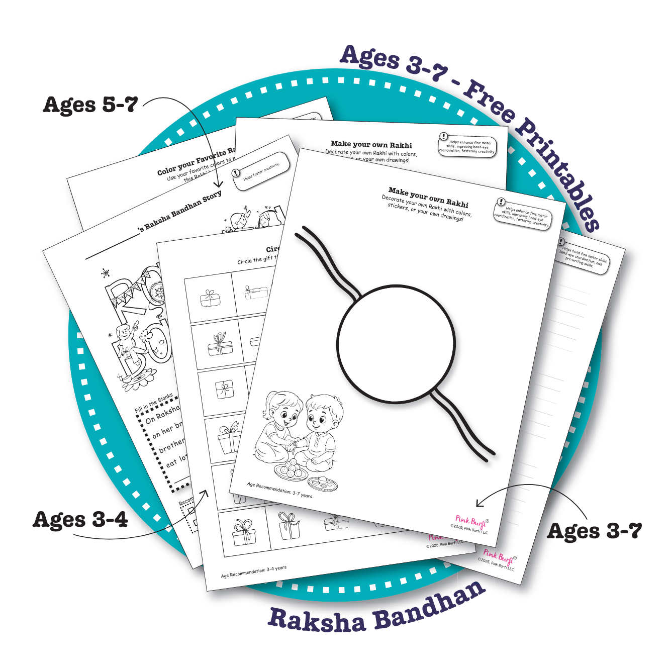 Free Raksha Bandhan printable activity pack for kids ages 3–7 – includes rakhi coloring, tracing, matching, word search, fill-in-the-blank, and sibling-themed fun by Pink Burfi