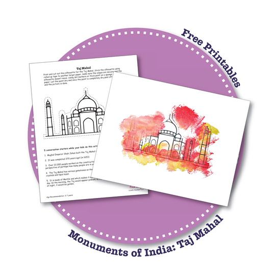 Taj Mahal silhouette art activity for kids using dot markers – a fun cultural craft from Pink Burfi. For ages 3–7