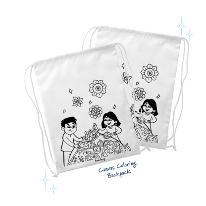 Kids’ canvas drawstring coloring bag showing children enjoying Indian festival food. Designed for reuse with washable markers from Pink Burfi