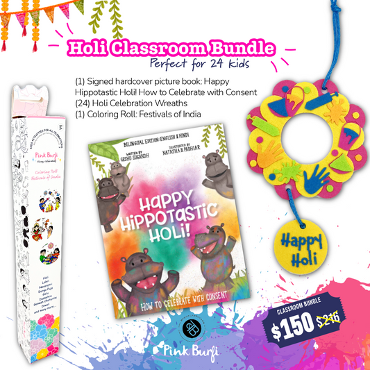 Holi Classroom Bundle with book, wreaths, and coloring roll on a colorful background