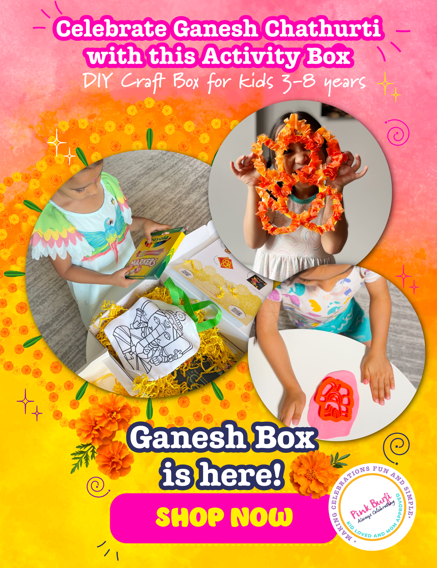 Kids enjoying hands-on crafts and activities from the Ganesh Activity Box for Ganesh Chaturthi