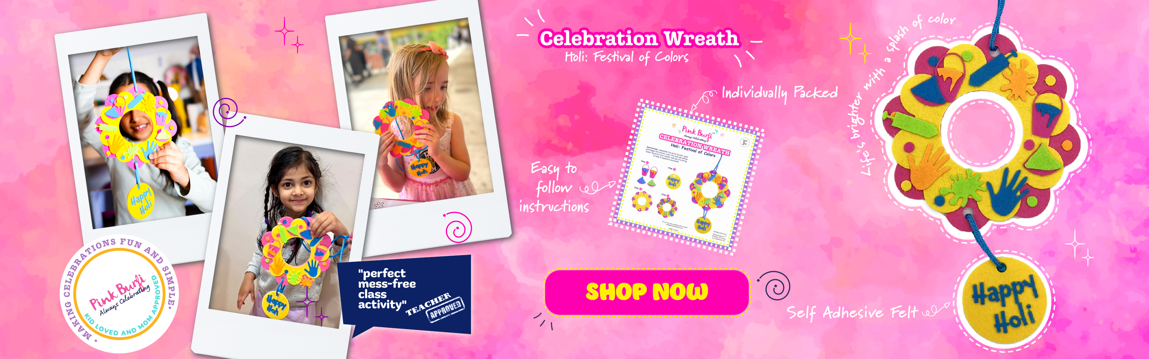 Promotional banner for a celebration wreath with children's photos and product details of the Holi Celebration Wreath Craft Kit on a pink background.
