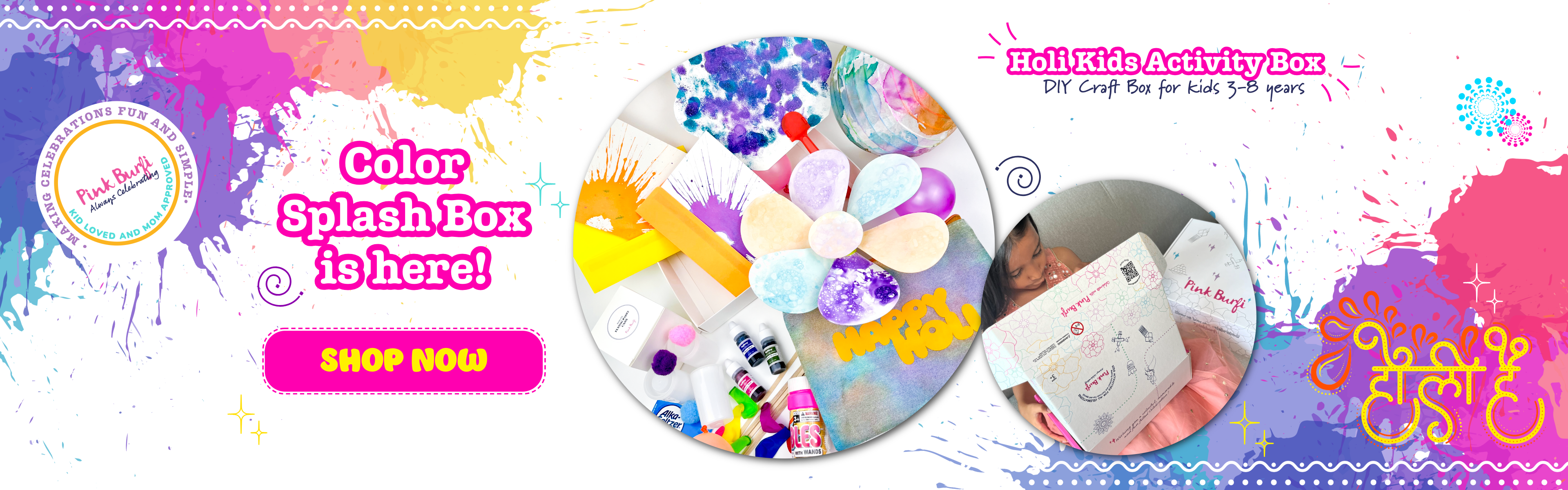 Promotional banner for a 'Color Splash Box' activity kit with colorful design elements and text.