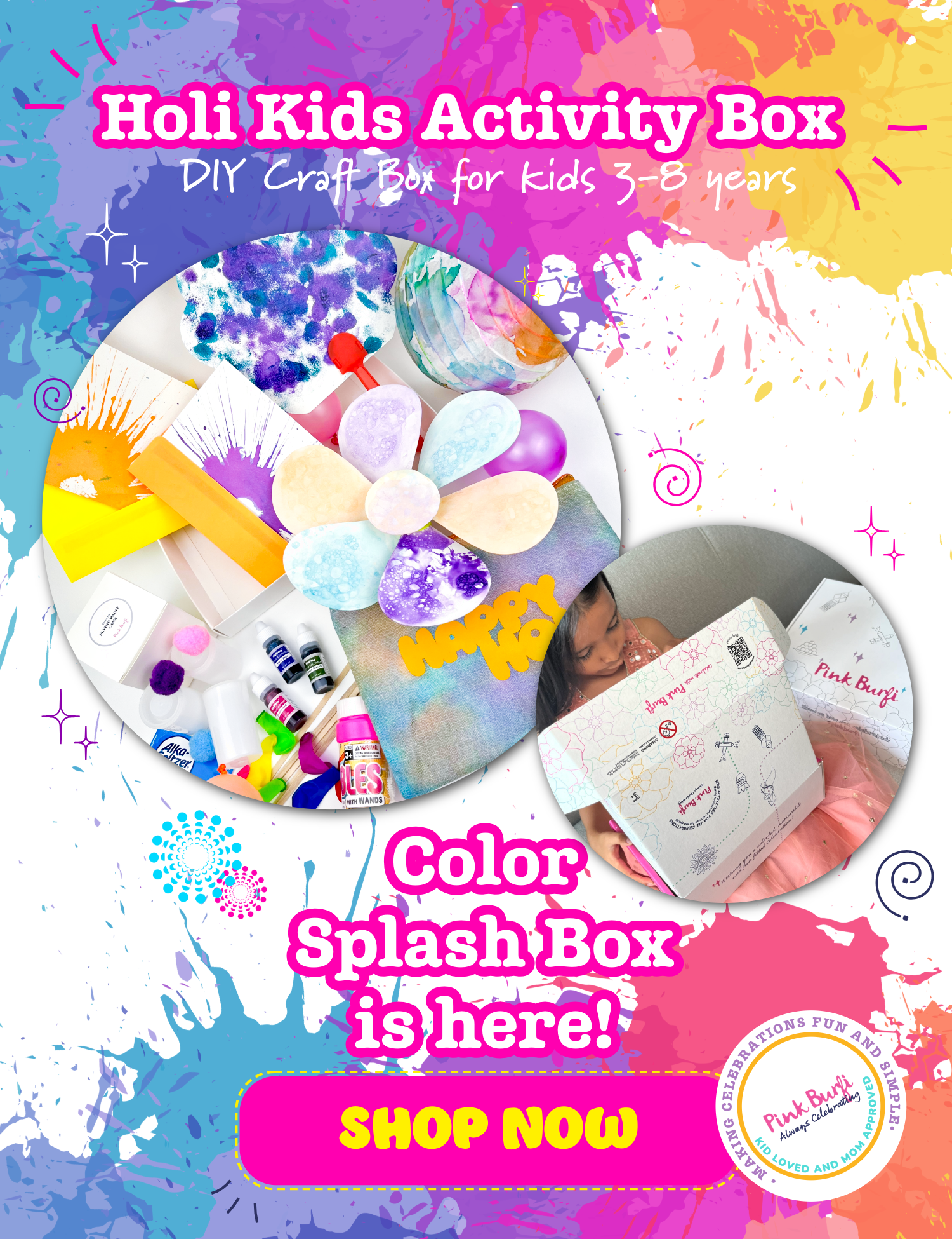 Holi Kids Activity Box for kids 3-8 years with colorful splashes and a child holding a book.