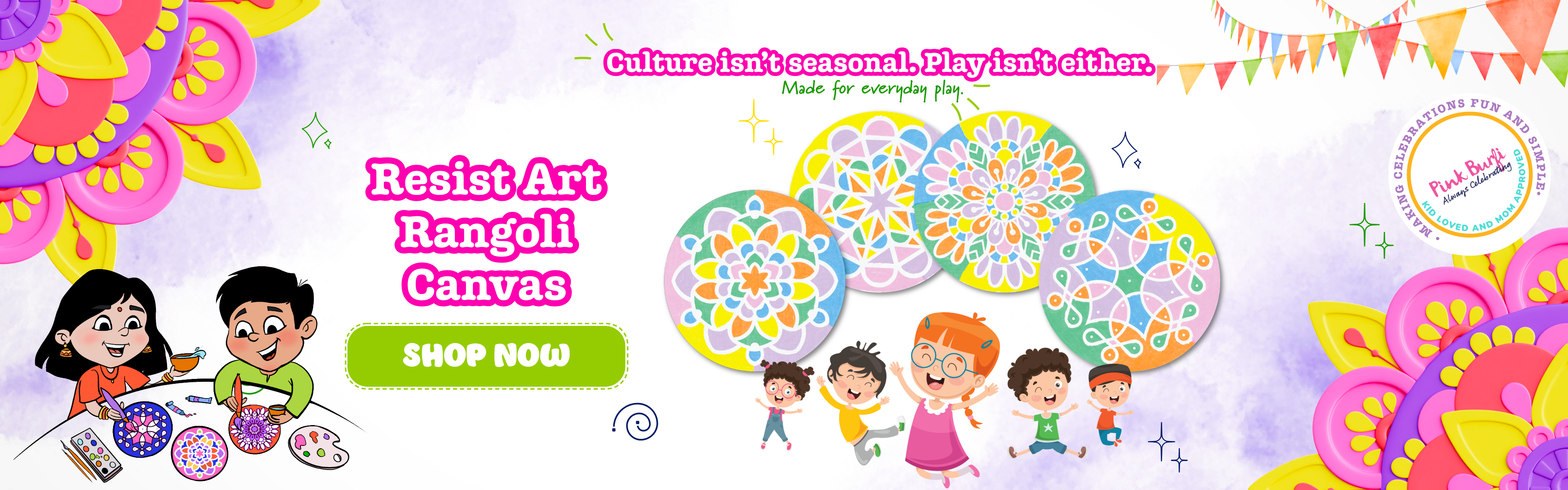 Promotional banner for Resist Art Rangoli Canvas with children and colorful designs.