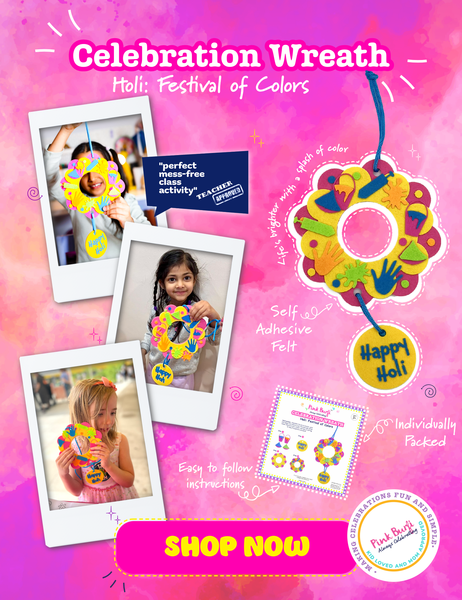 Promotional banner for a celebration wreath with children's photos and product details of the Holi Celebration Wreath Craft Kit on a pink background.