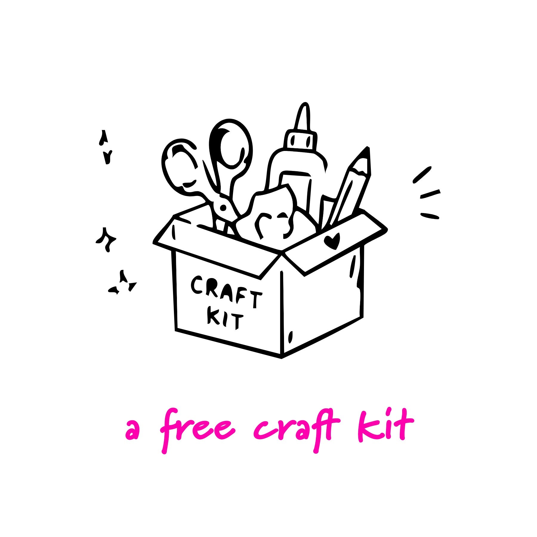 A hand-drawn black line illustration of a cardboard box labeled 'CRAFT KIT' filled with craft supplies like scissors, a pencil, and a glue bottle, with pink text below reading 'a free craft kit' on a white background.