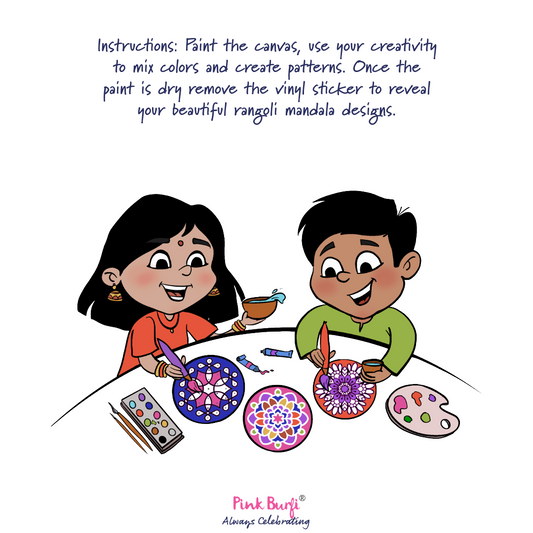 Illustration of two children painting mandala rangoli designs from the Resist Art Canvas Rangoli Box.