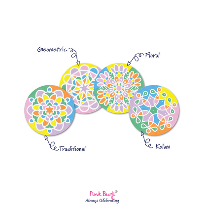 Colorful geometric, floral, traditional, and kolam designs from the Pink Burfi Resist Art Canvas Rangoli Box with Pink Burfi branding on a white background.