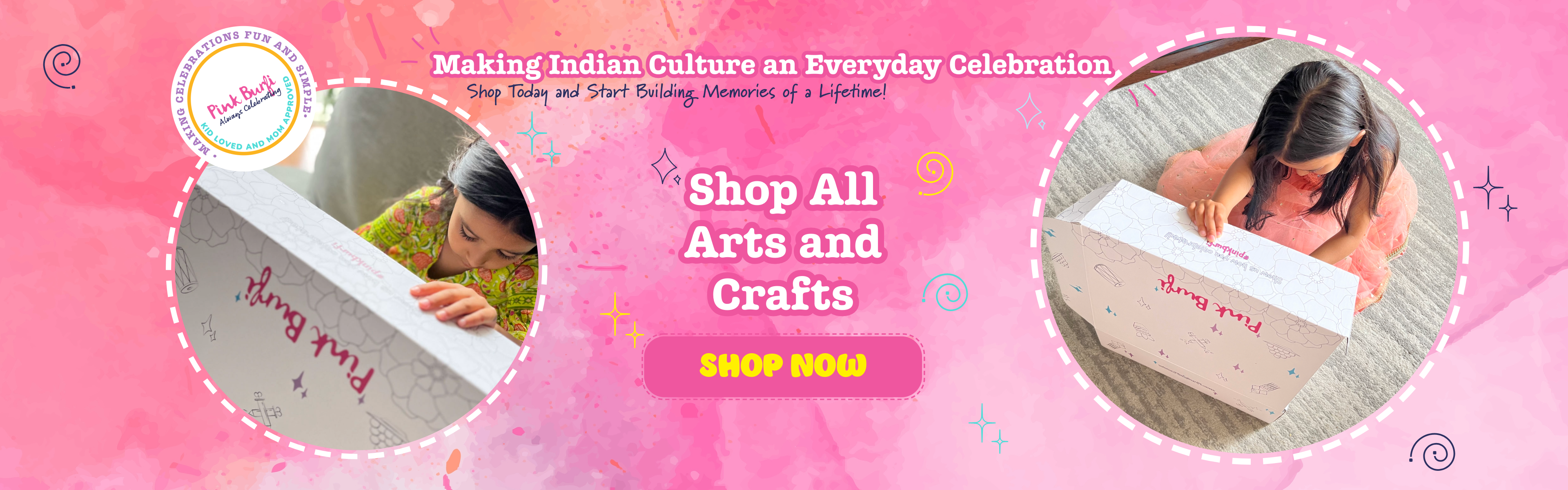 Kids opening Pink Burfi Indian festival arts and crafts box – shop all cultural activities and crafts for children
