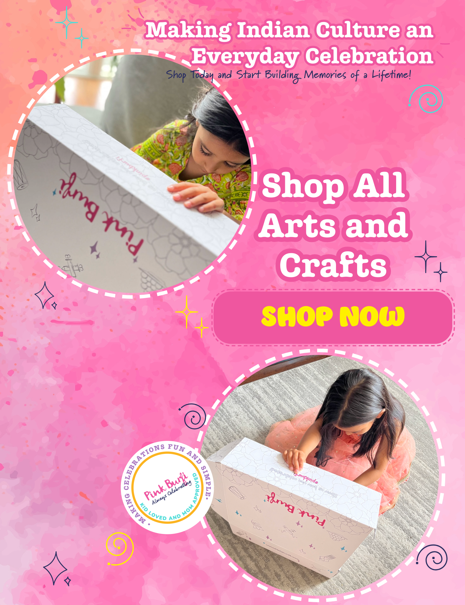 Kids opening Pink Burfi Indian festival arts and crafts box – shop all cultural activities and crafts for children