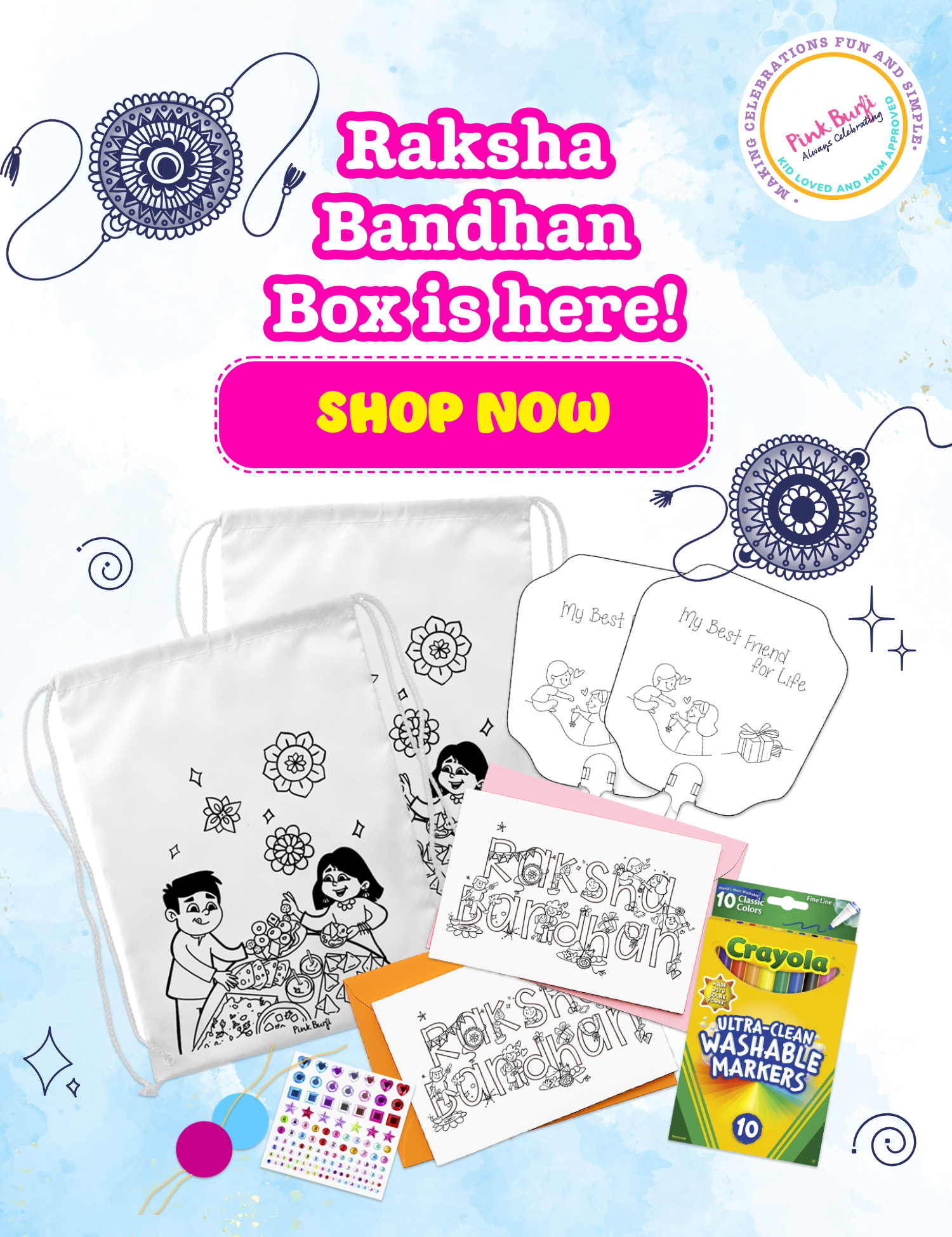Raksha Bandhan craft kit for kids with DIY rakhi-making supplies, coloring activities, sibling gift projects, greeting cards, and creative festival crafts from Pink Burfi.