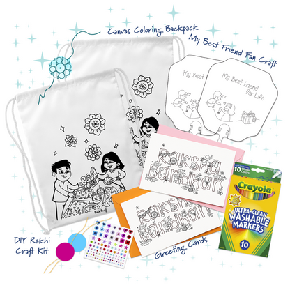 Raksha Bandhan kids craft kit with drawstring coloring bags, DIY fans, greeting cards, stickers, and washable markers by Pink Burfi
