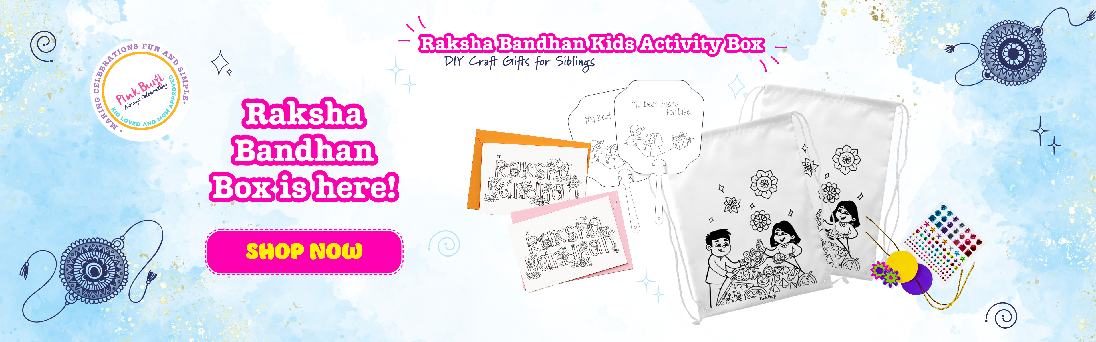 Pink Burfi Raksha Bandhan Kids Activity Box featuring DIY craft gifts for siblings, including rakhi-making activities, coloring projects, greeting cards, and drawstring bags for children.