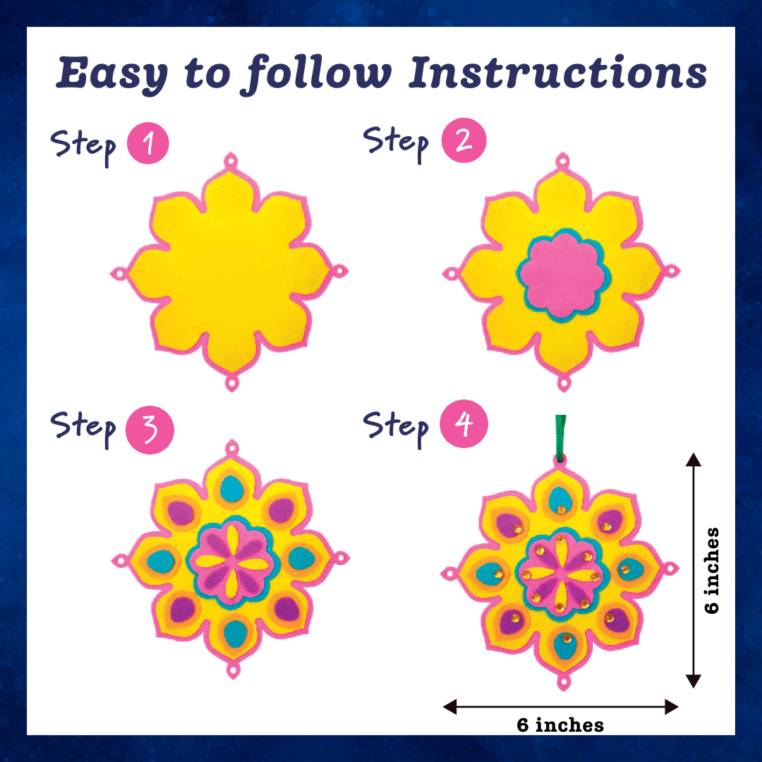 Step-by-step guide to creating the Pink Burfi Celebration Wreath - Rangoli Mandala design with measurements on a white background.