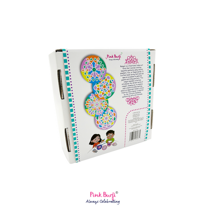 Product packaging with colorful designs and text on a white background of the Pink Burfi Resist Art Canvas Rangoli Box.